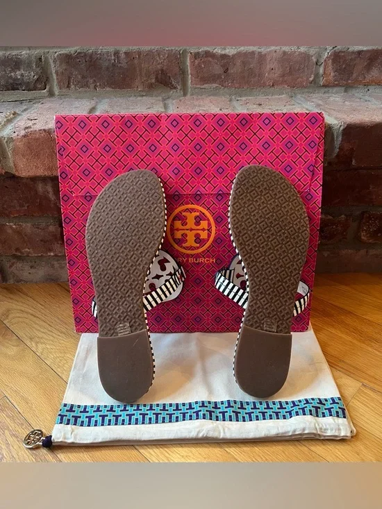 Tory Burch Navy & White Striped Patent Leather Miller Sandals - Picture 6 of 10